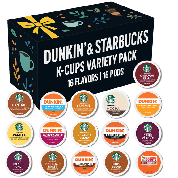 Dunkin & Starbucks Coffee Pods Variety Pack – 16 Count K-Cups Sampler – Includes Dark, Medium, Light & Flavored Roasts – Keurig Compatible Coffee Pods