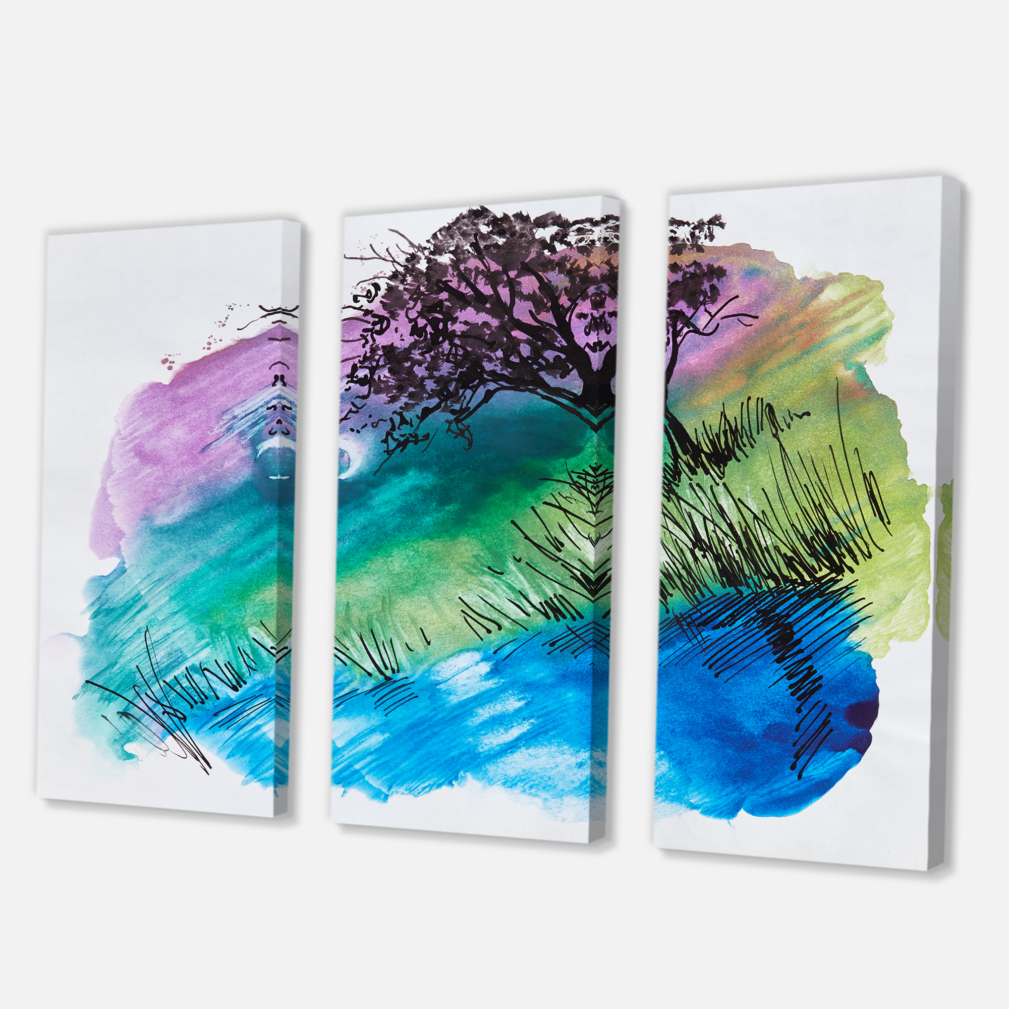 Designart ' Rainbow Silhouette Of Tree On The Riverbank At Night ' Modern Canvas Wall Art Print