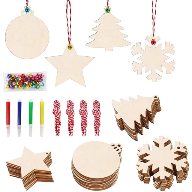 OurWarm 40 piezas de adornos navideños de madera, rebanadas de madera sin terminar con agujeros para niños, manualidades, centros de mesa, decoraciones colgantes de vacaciones, 4 estilos Zhivalor HZ-062
