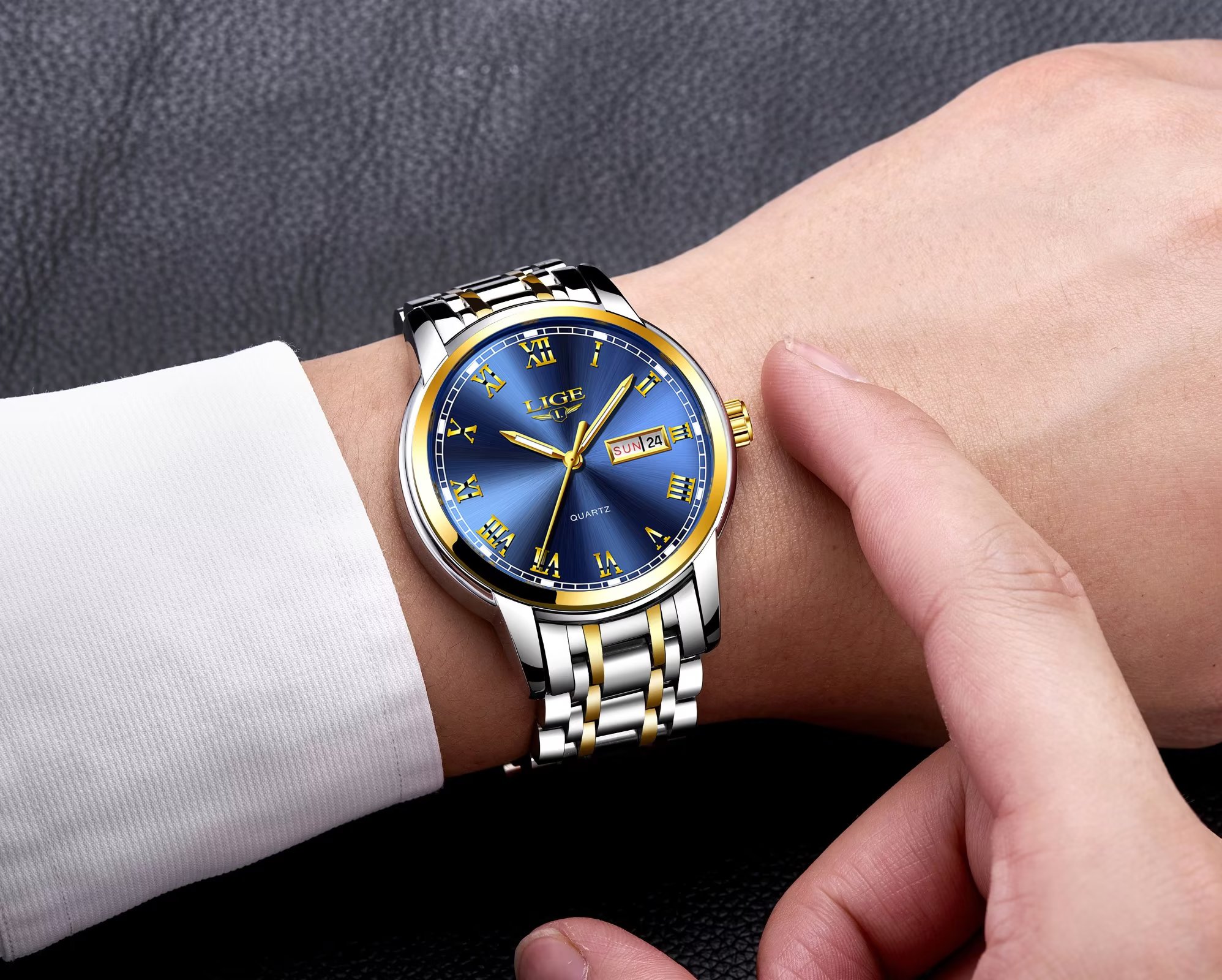LIGE Quality Mens Watches Luxury Quartz Analog Watch Business Date Wristwatches for Women Men Silver-Gold - image 4 of 6