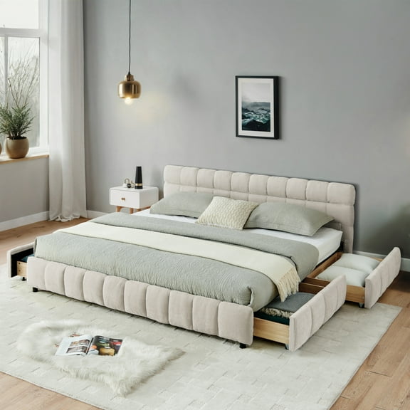 King Size Bed Frame with 4 Storage Drawers, Upholstered Chenille Platform Bed Frame with Tufted Headboard and Wooden Slats Support, Beige