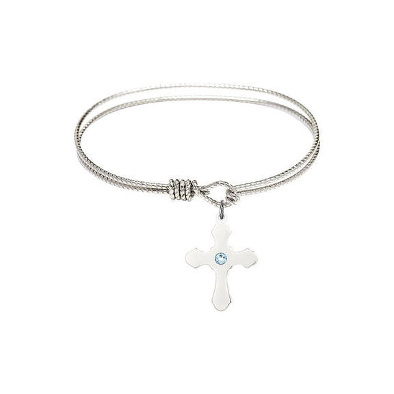 6 1/4 inch Oval Eye Hook Bangle Bracelet w/ Cross medal charm w/ March Blue Swarovski Crystal