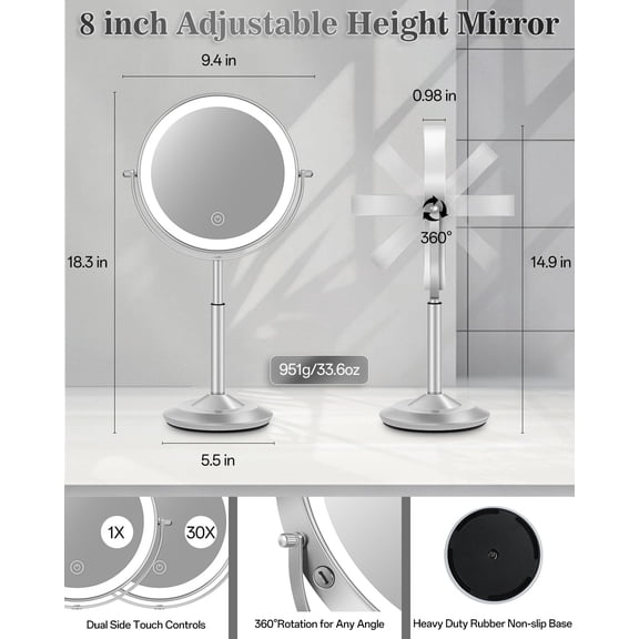 Makeup Mirror with Lights, 1X/30X Lighted Magnifying Mirror Height Adjustable, 3000mAh Rechargeable Double Sided Vanity Mirrors with 3 LED Lighting and Adjustable Brightness for Desk Women Gift
