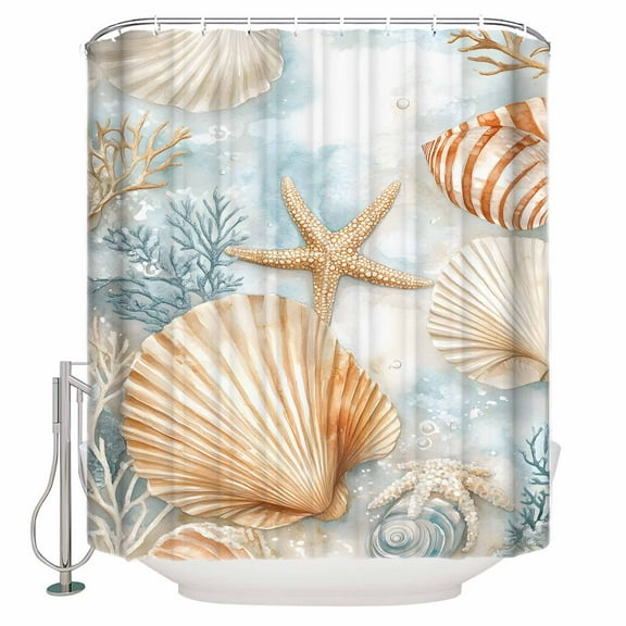 72x78 Inch Shower Curtain Coastal Bathroom Decor Waterproof Fabric Bathtub Bath Curtains Decorative Nautical Beach Shell Starfish Coral Ocean Extra Long Shower Curtain Set with Hooks