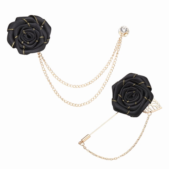 Uxcell Rose Flower Lapel Pin for Men, 2 Style Cloth Rose Brooch Kit Gold Leaf Boutonnieres Stick Brooch Tassel Chain Satin Badge Suit Pin for Men Wedding Suit, Black