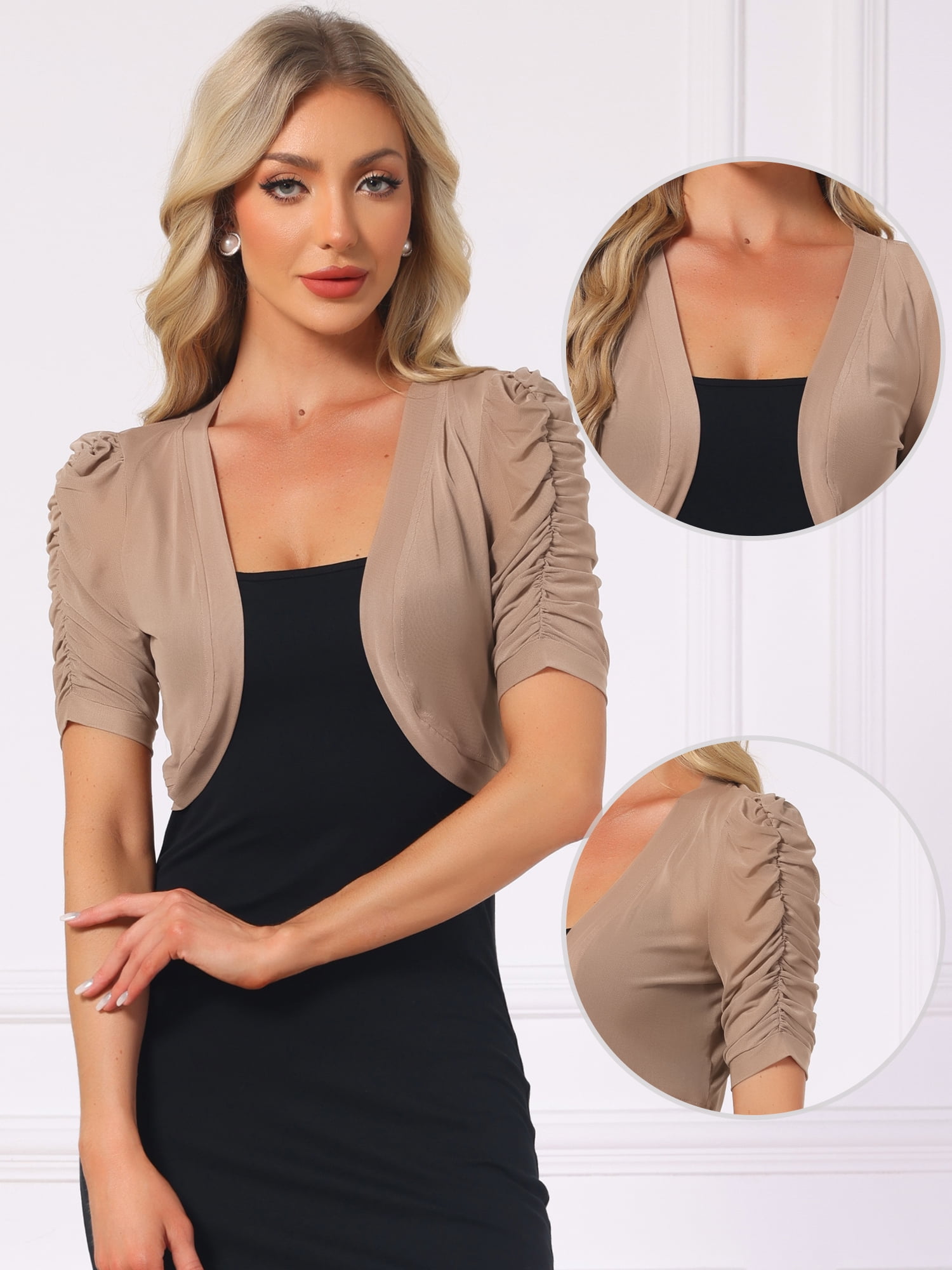 DARING DIVA Women's Open Front Short Sleeve Mesh Sheer Shrug S Camel