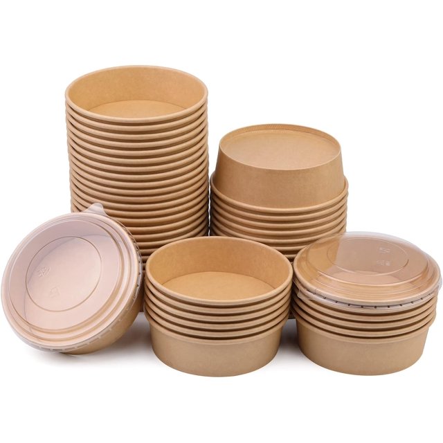 Liquidation! liquidation! Bols à Salade en Papier 25oz, Bols en Papier Jetables avec Couvercles Transparents, Contenants Alimentaires Ronds Jetables en Kraft pour Barbecue, Rassemblements et Fêtes (50 Pcs)