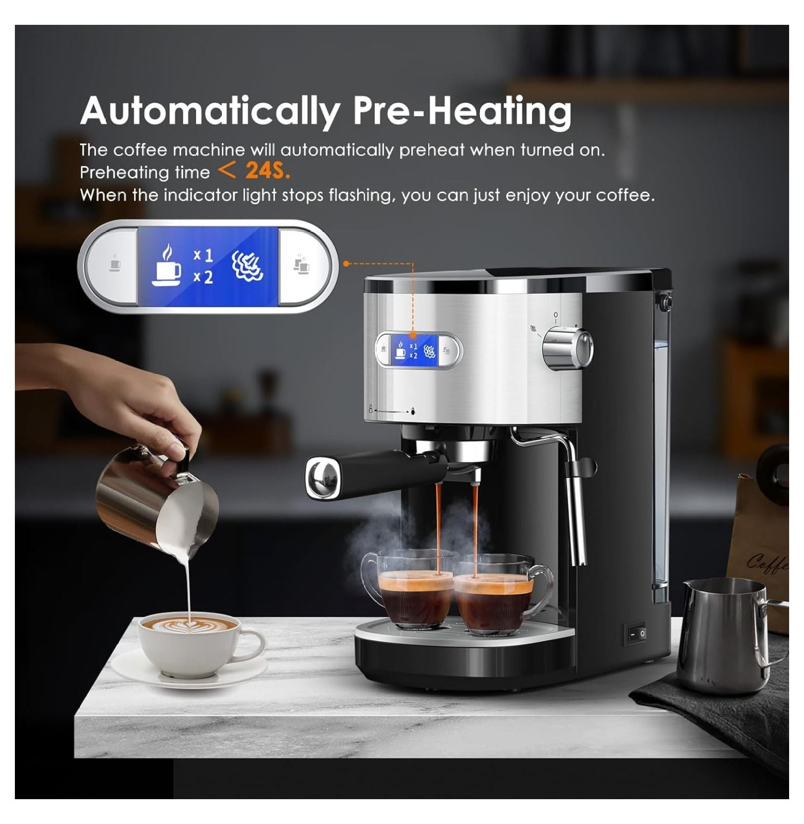 Espresso Machine 20 Bar, Semi-Automatic Espresso Maker with Milk Frother Wand, 45 OZ Removable Water for Cappuccino, Latte, Home