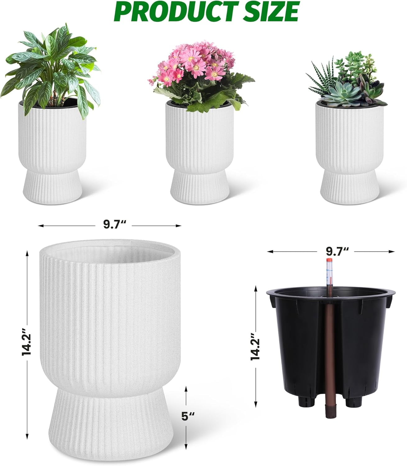 Riedhoff 14.2" Planters Pots Set of 2, with Inner Bucket & Water Level Monitor, Marble White
