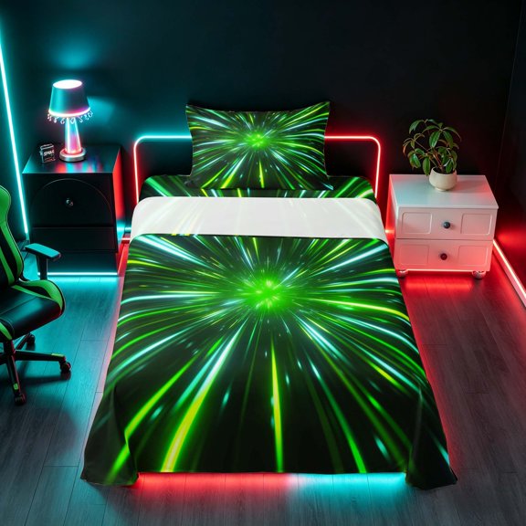 Manfei Abstract Starburst Light Twin Sheets, Modern Neon Gradient Bedding, Green, Black Reversible 3-Piece1 Flat Sheet 1 Fitted Sheet 1 Pillowcase