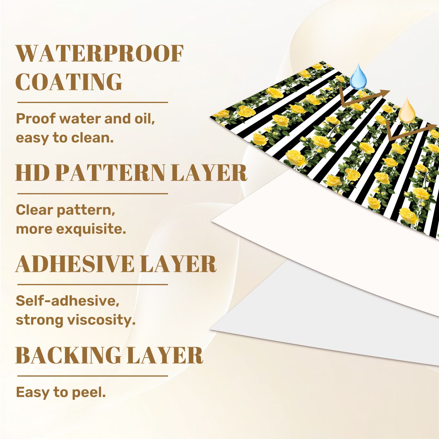 Flower Peel and Stick Wallpaper 23.6in x 9.8ft Yellow Roses Black White Striped Contact Paper Vinyl Waterproof Self Adhesive Wall Paper for Bedroom Shelf Cabinet Renter Friendly
