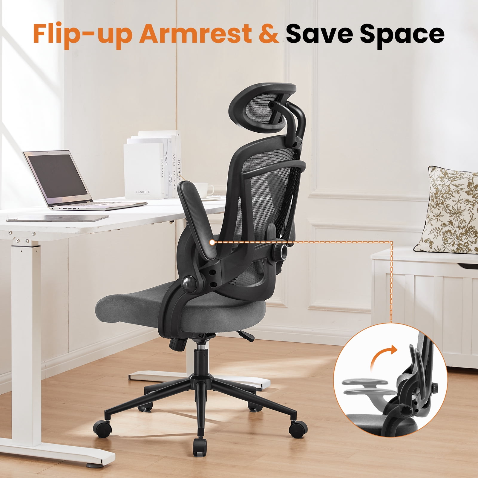 GIANNA Ergonomic Mesh Office Chair, High Back Desk Chair with Adjustable Lumbar Support, Headrest & Armrests, Swivel Task Chair, Grey