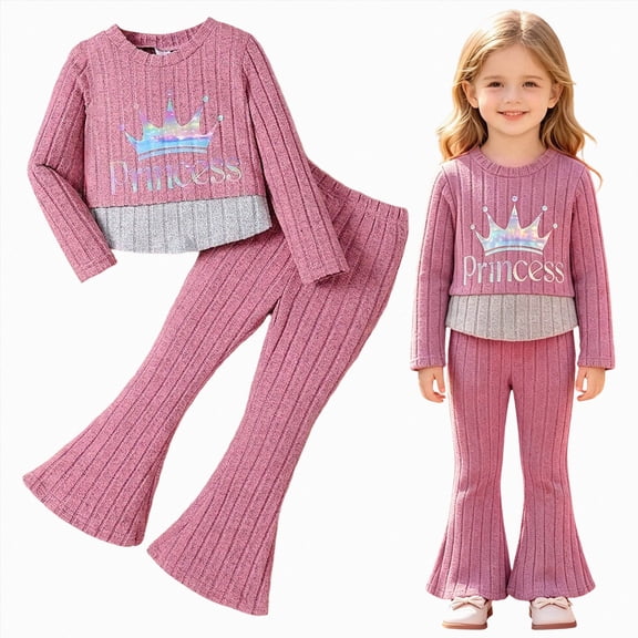 xaweyi Toddler Girls 2 Piece Outfit Knit Ribbed Long Sleeve Crop Top Flare Pants Set Kids Fall Clothes with Crown Princess Print Size 7-8 Years