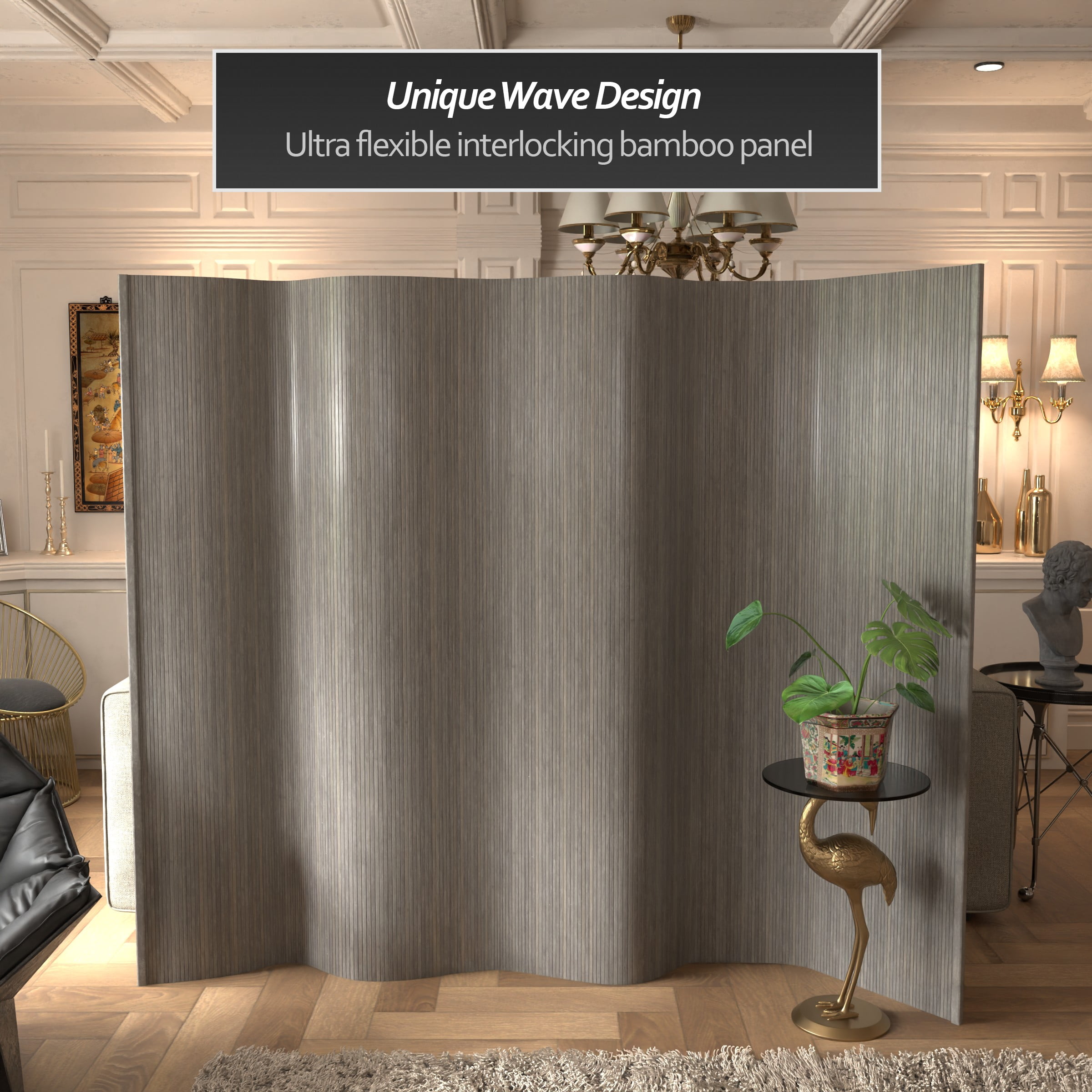 6 ft. Tall Bamboo Wave Screen - Grey Room Divider, Freestanding