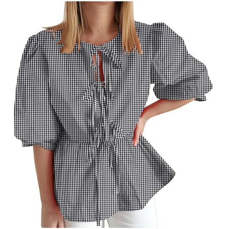 JGGSPWM Women s Summer Tie Front Puff Short Sleeve Babydoll Peplum Tunic Aesthetic Vintage Lace Up Blouses Trendy Tops Black S
