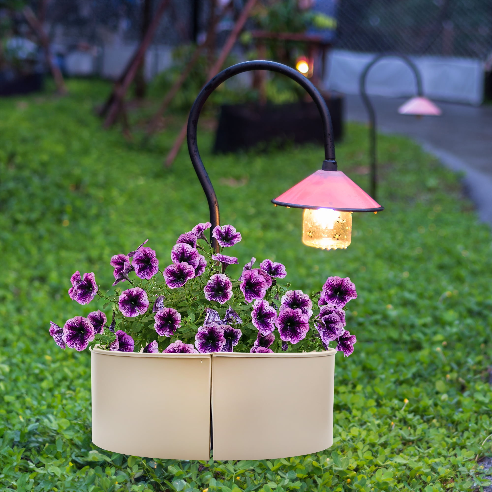 AuldHome Design Umbrella Planter for Patio Table (Beige / Greige), w/ Umbrella Hole, Enamelware Half-Circle Planter Pots