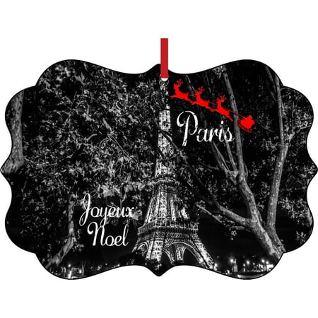 Eiffel Tower Christmas Tree Ornament Santa Klaus and Sleigh Riding Over the Eiffel Tower in Paris France Joyeux Noel Elegant Aluminum Semigloss Christmas Ornament Tree Decoration - Unique Modern Novelty Tree Décor Favors ()