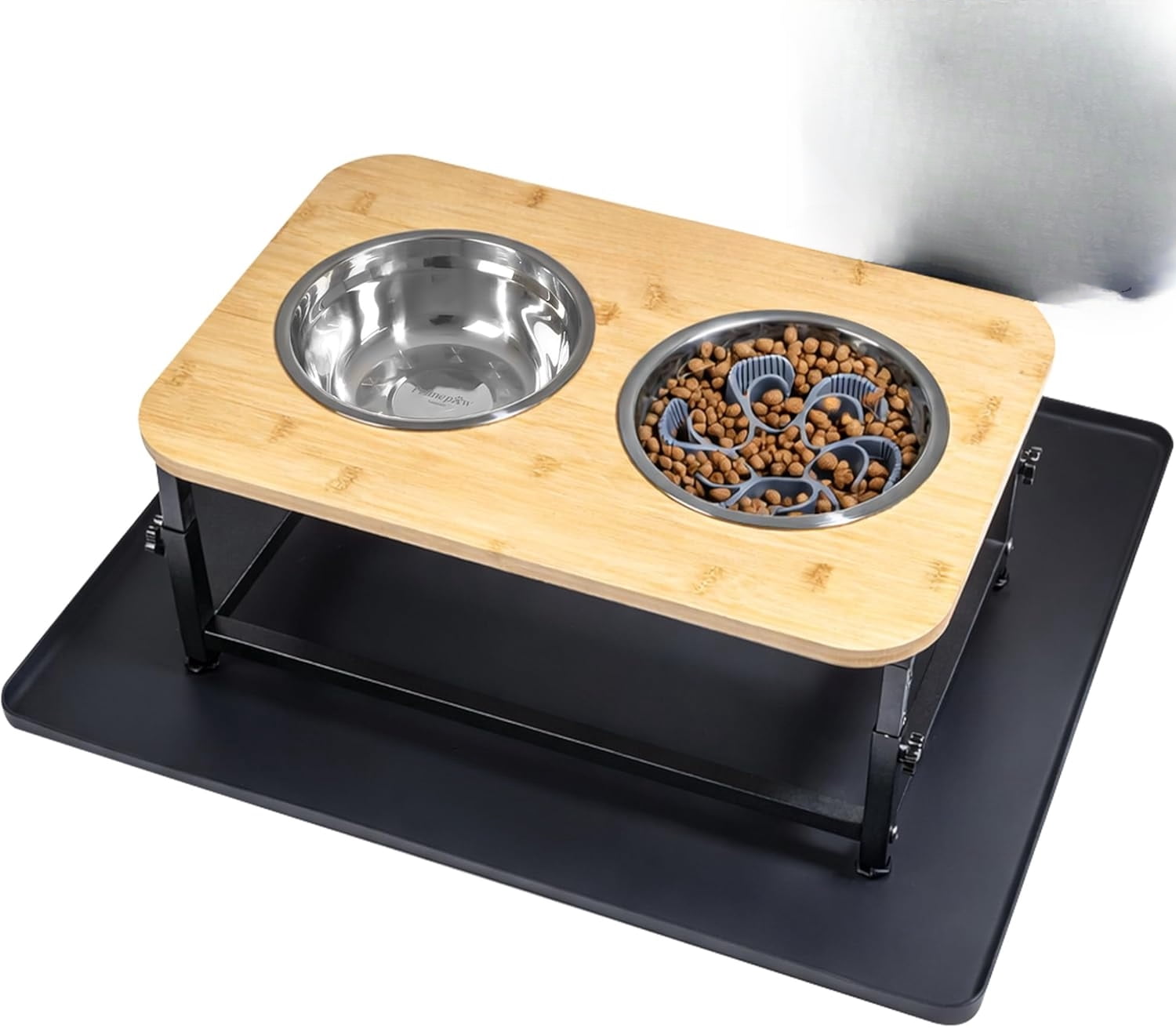 Adjustable Elevated Dog Bowls – Raised Dog Feeding Station with Bamboo Stand, 2 Stainless Steel Bowls, Slow Feeder Insert & Silicone Mat – Dog Bowls with Stand for Small & Medium Dogs