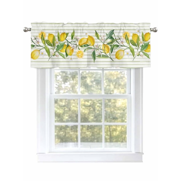 Floral Leaf Lemon Valances for Windows, Rod Pocket Kitchen Valance Curtains - Soft & Washable Small Window Treatment for Living Room, Bathroom, Branch Sage Green Stripes 54x18inch, 1 Panel
