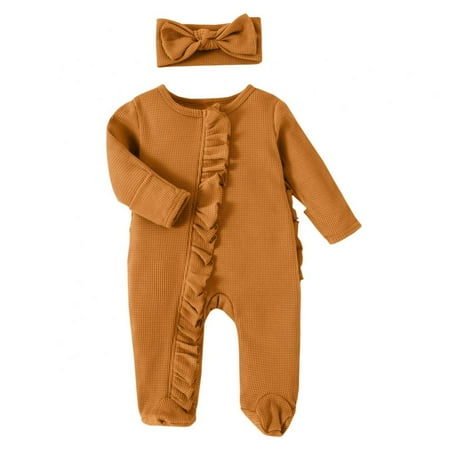 

Baby Girls Sleep and Play Pajamas with Headband Cotton One Piece Long Sleeve Solid Crew Neck Romper Jumpsuit Zip Front Pjs Coverall
