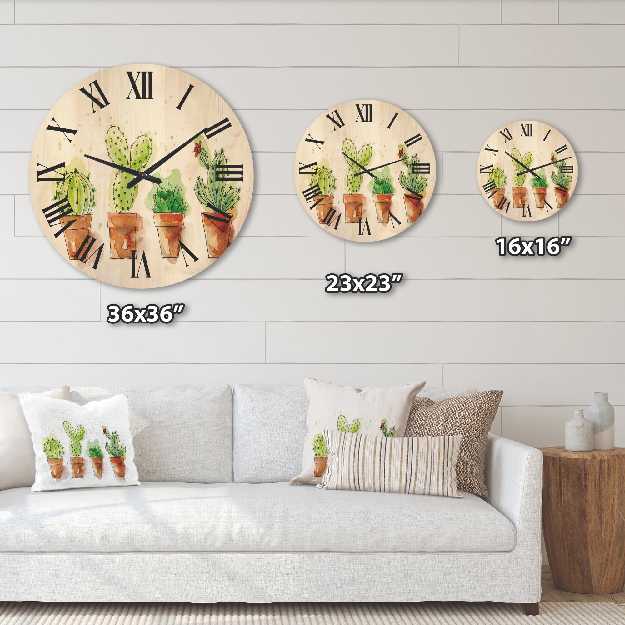 Designart 'Cacti In Gentle Tones In Ceramic Pots I' Traditional Wood Wall Clock