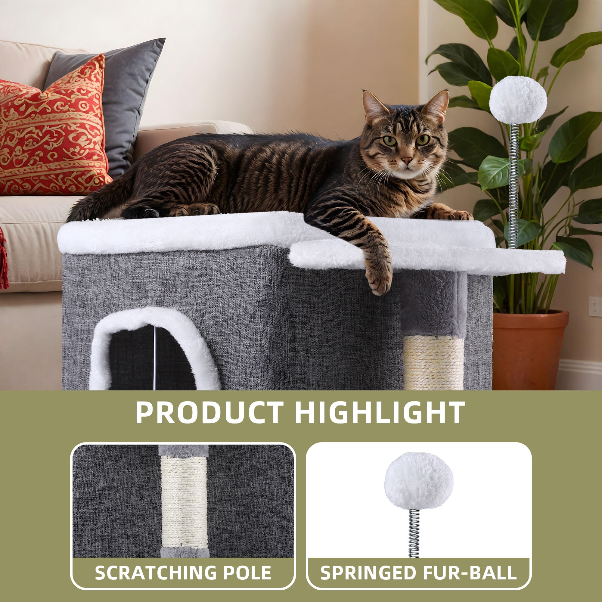 Uforic Indoor Cat Cube House with Sisal Post & Hanging Ball, Covered Cat Bed for Indoor Kittens, Gray