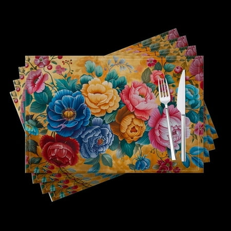 

BaHomeck placemats Set of 4 Vibrant Hand-Painted With Colorful Peonies In Full Bloom Cotton Linen rectangle Placemats for Kitchen Dining Table Indoor Outdoor 18*12inch