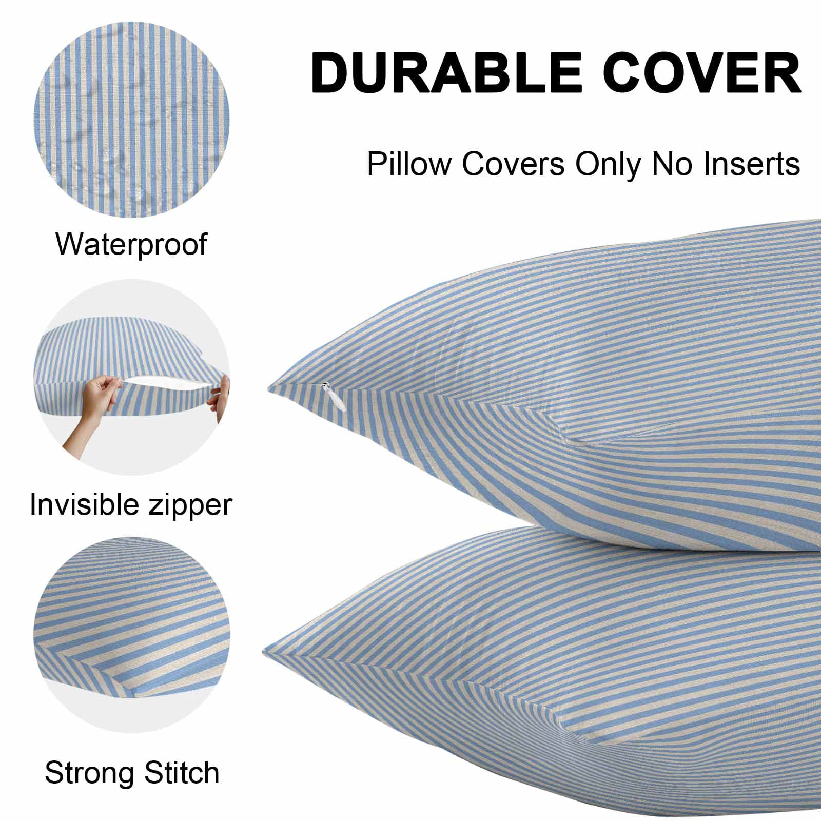 Outdoor Waterproof Throw Pillow Covers Set of 2 Blue Stripes Pillowcases Lumbar Outdoor Pillows Cushion Case 20x12 Inch Linen Classic Vertical Striped Patio Pillows for Couch Sofa Bed Garden