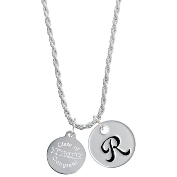 Delight Jewelry Stainless Steel Disc Class of 2022 Silvertone Script Initial Disc - R - Charm Necklace, 20"+3"