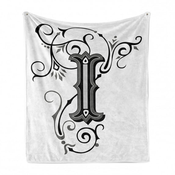 Letter I Soft Flannel Fleece Blanket, Capital with Grand Illustrious Design Abstract Elements Shapes Swirls Lines, Cozy Plush for Indoor and Outdoor Use, 60" x 80", Black Grey White, by Ambesonne