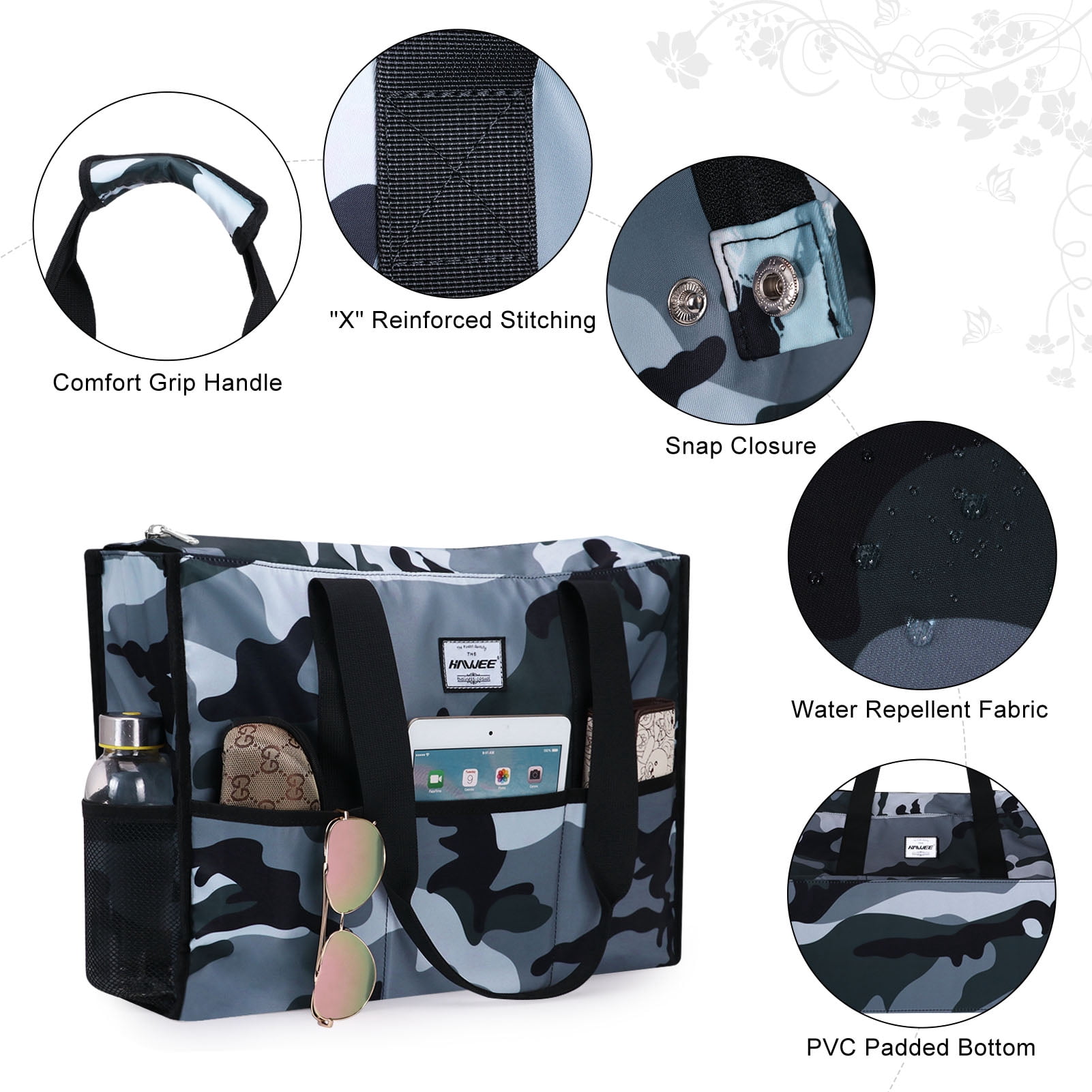 HAWEE Clinical Bag for Nursing Trainee Multipurpose Zip-top Tote Organizer for Teacher/ Doctor/ Weekender with Trolley Sleeve and Laptop Pocket, Camo