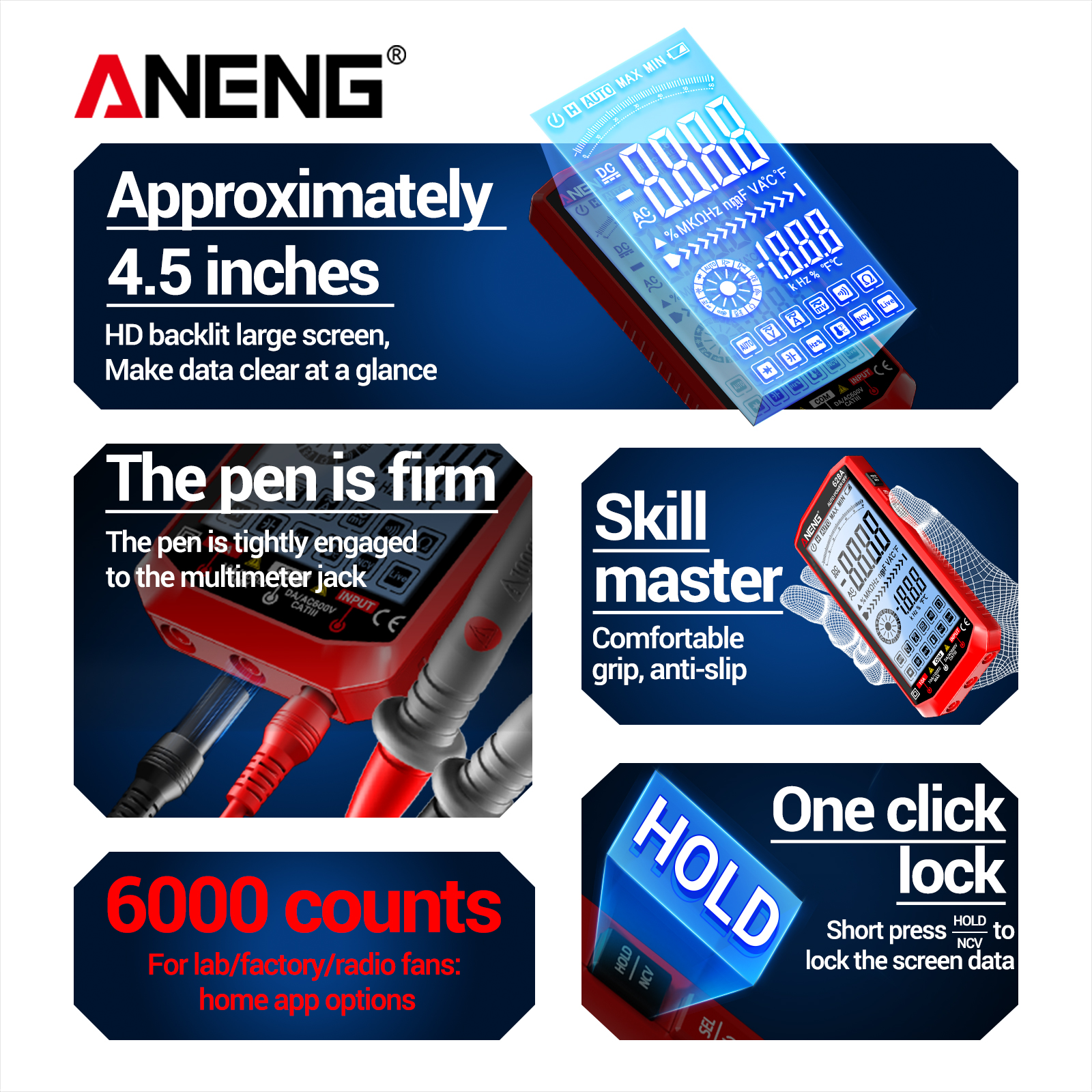 ANENG Digital Multimeter 628A 4.5" Large Backlit Screen