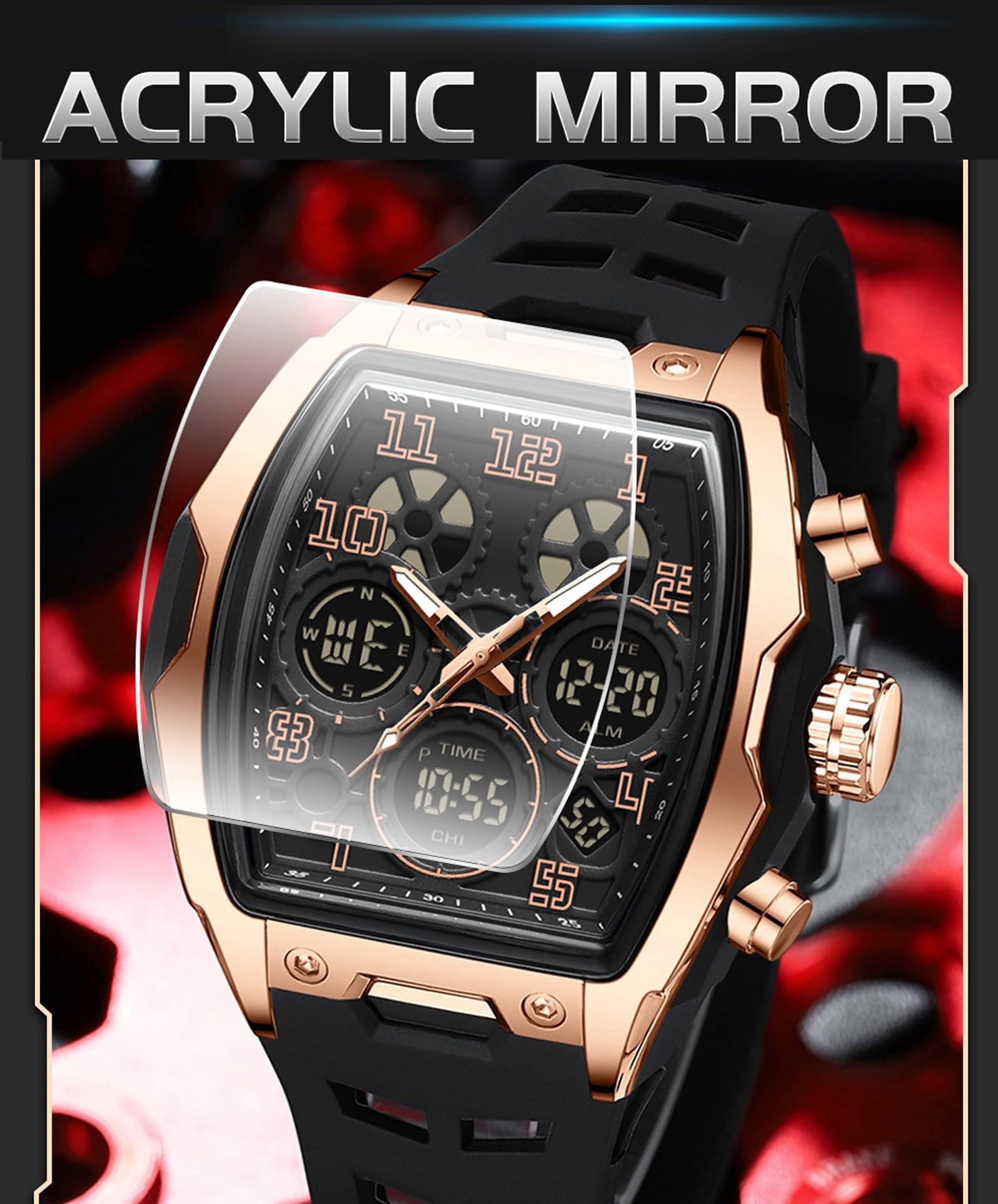Findtime Mens Watches Square Rectangle Dial Watch for Men Waterproof White Relojes para Hombres Punk Cool Design Chronograph Luminous Silicon Strap