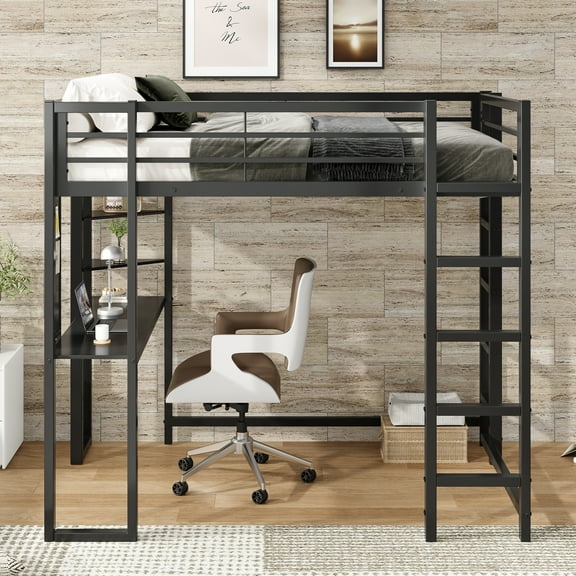 Full Size Loft Bed with Desk, Metal Loft Bed Frame with Study Desk & Storage Shelves, Space Saving Loft Bed with Full-Length Guardrail and Ladder for Bedroom, Black