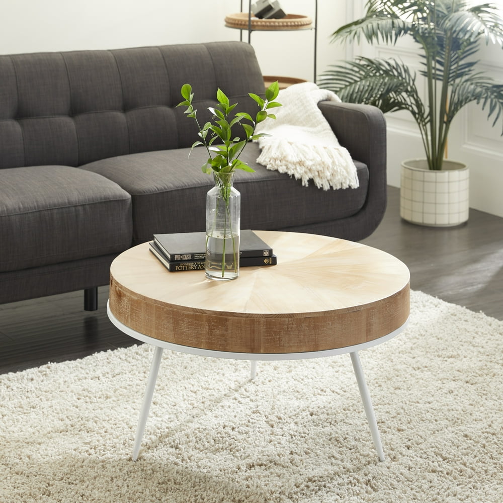 DecMode Round Natural Wood Top Coffee Table With Distressed White Metal