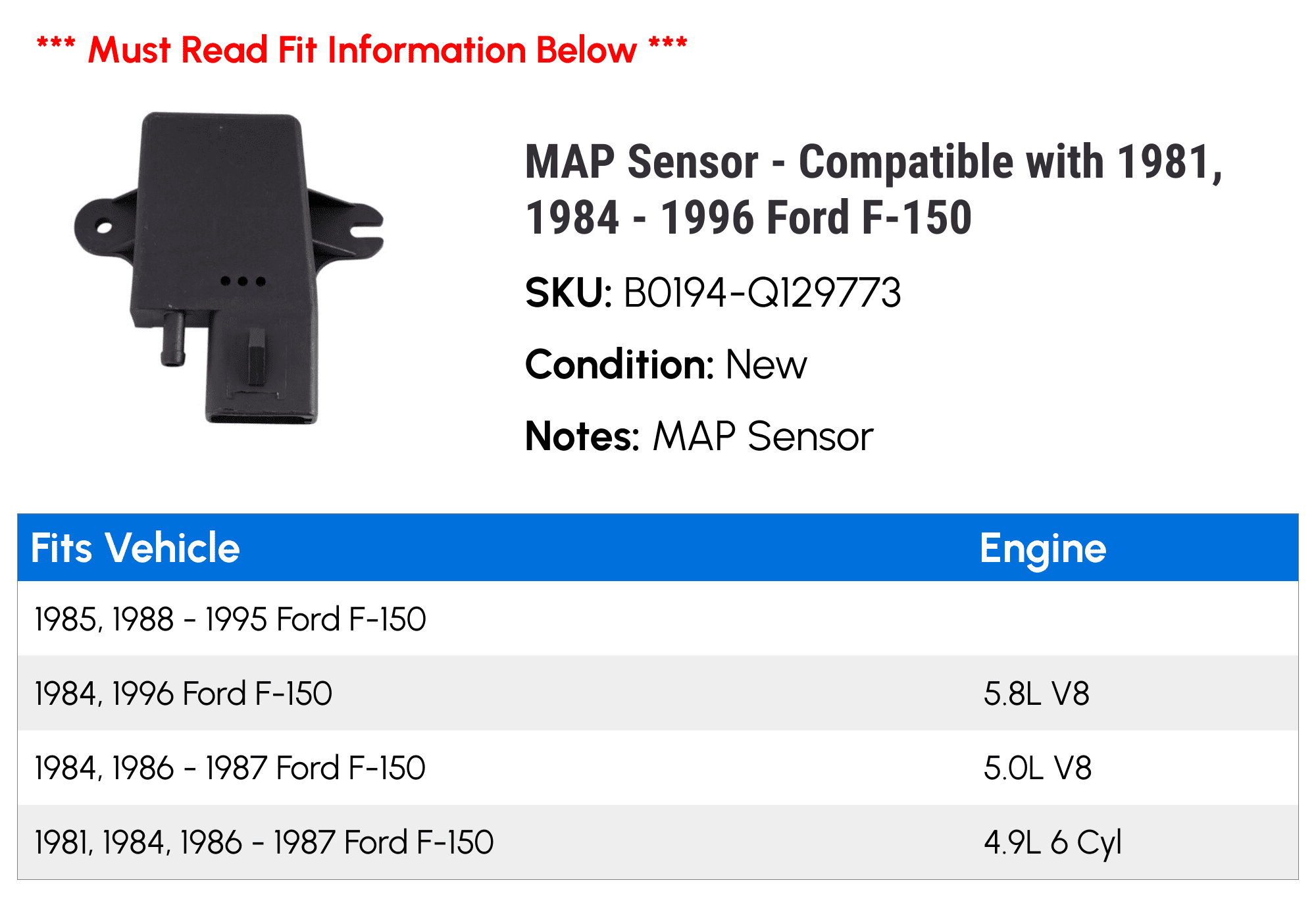 MAP Sensor - Compatible with 1981, 1984 - 1996 Ford F-150 1985 1986 1987 1988 1989 1990 1991 1992 1993 1994 1995