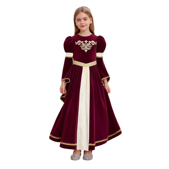 Choomomo Girls Medieval Princess Outfits Patchwork Round Neck Dress Ruffled Webbing Trim Long Dress Red 8