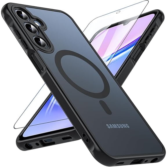 Galaxy A15 5G Phone Case,Magnetic Samsung Galaxy A15 5G Case for Magsafe with Tempered Glass Screen Protector,[Shockproof Military] Translucent Back Slim Bumper Cover Samsung A15 5G case, Black