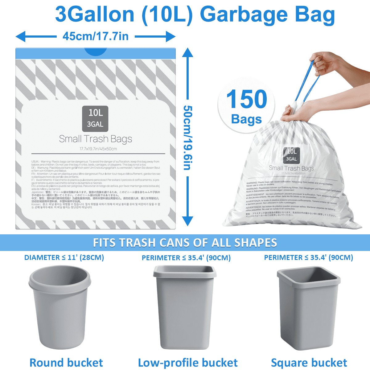 XUXRUS 3 Gallon Drawstring Plastic Bags,150 Count Small Garbage Bags for Kitchen Food Wast Bags,Durable Leak-Proof Bin Liners, Pre-Separated, Extra Thick, Fits 10-15L Bins