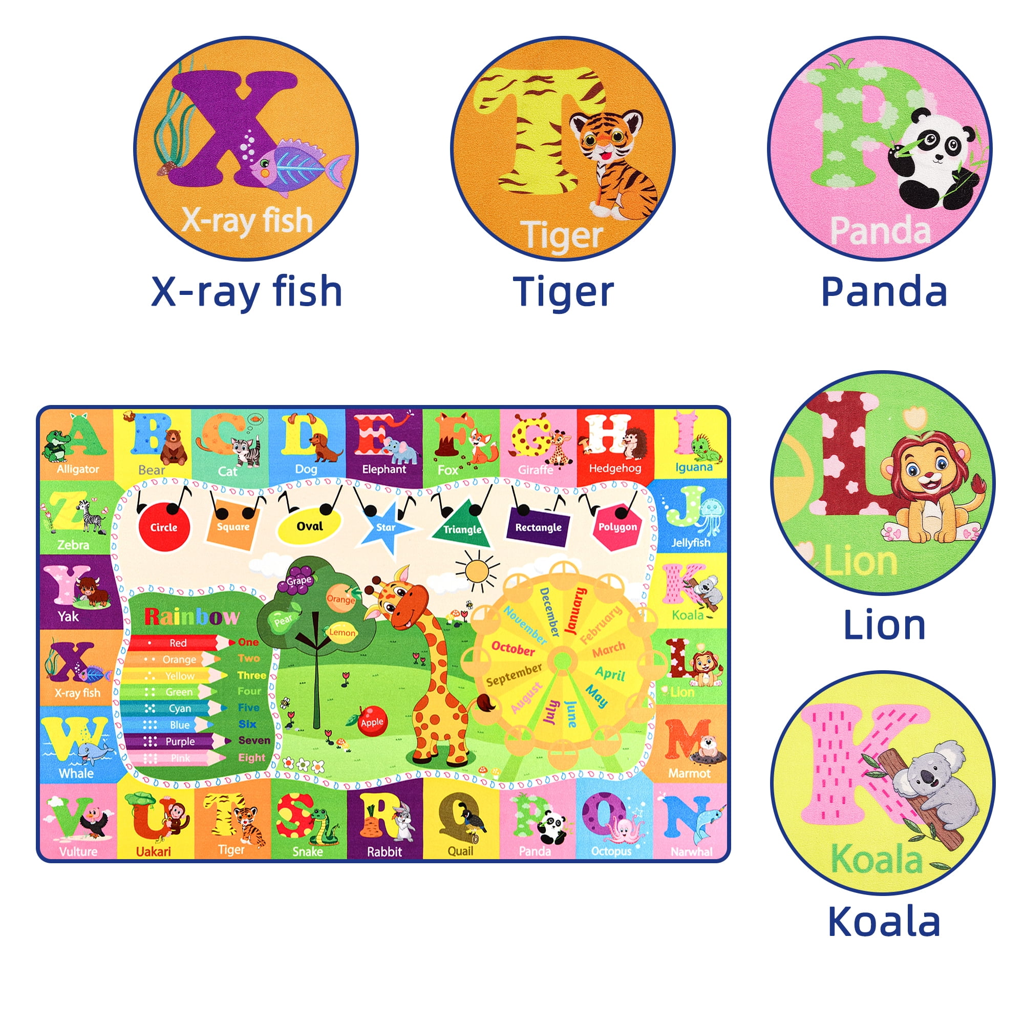Dwelke Kids Rugs Animals Educational Carpet Play Rug for Playroom Mat Alphabet Area Rug, Cute Cartoon Daycare Supplies, Kids Gift for Playroom,Bedroom and Nursery 4'x6'