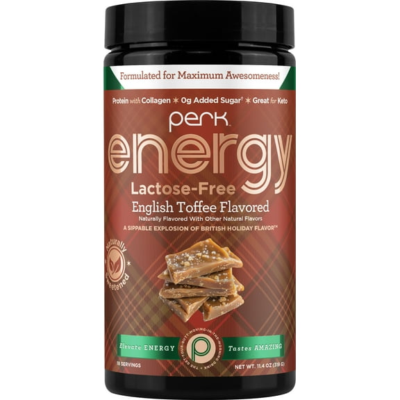 Perk Energy Lactose-Free Drink Mix (English Toffee, Holiday Edition) – 18 Servings, Naturally Sweetened, 100mg Caffeine, Collagen Protein, 0g Added Sugar, 100 Calories, Gluten-Free, Peanut-Free