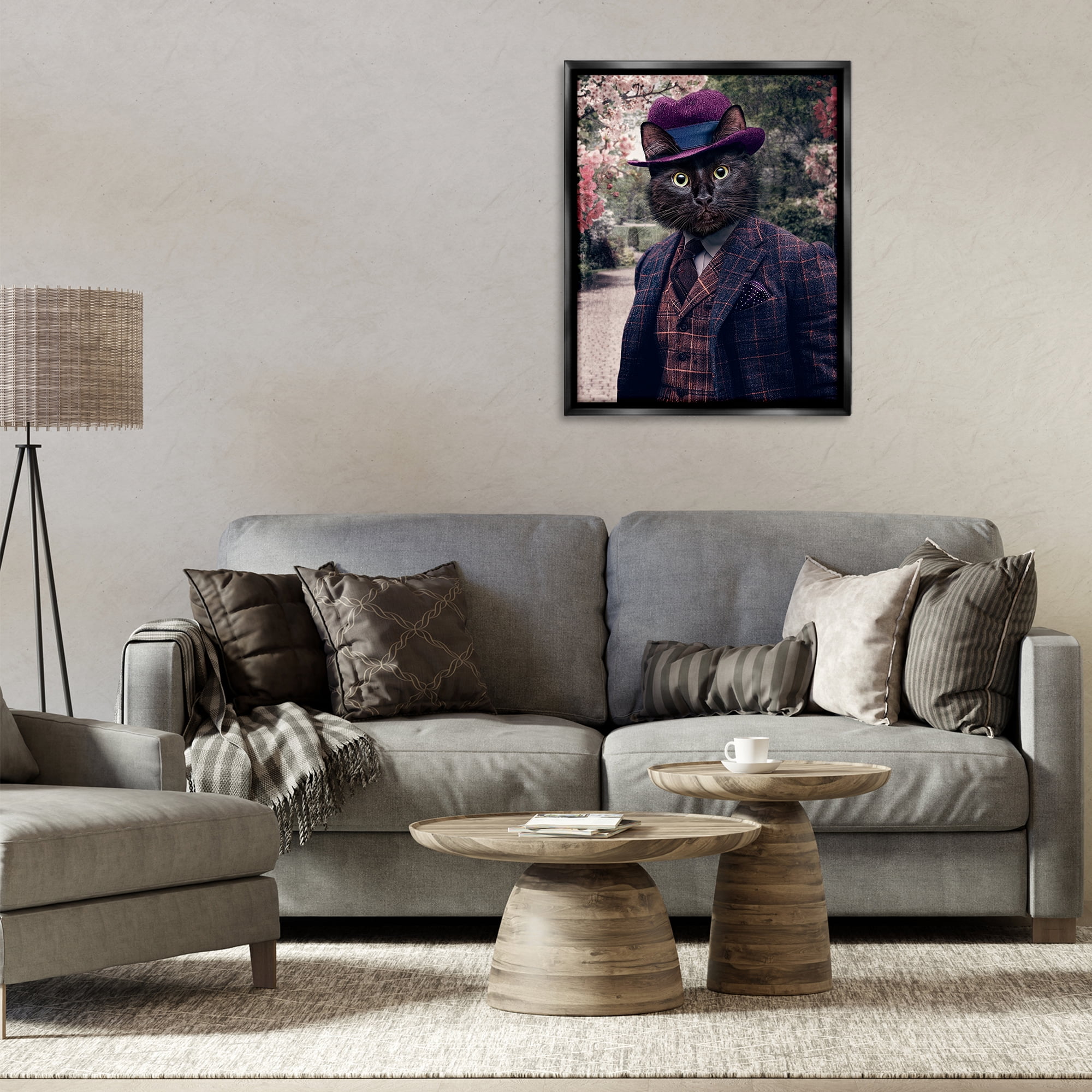 Stupell Industries Vintage Clothing Cat Animals & Insects Painting Black Floater Framed Canvas Art Print Wall Art, 25 x 31