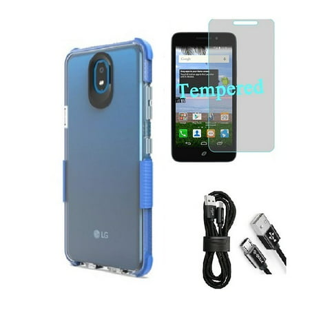 Compatible Case for Straight Talk LG Journey Smartphone / LG Journey /LG Arena 2 / LG K30 (2019) LM-X320 / LG Escape Plus, Clear TPU Case with Shock Edge + Cable (Clear- Blue + Tempered (2019 Best Smartphones Ringtone)