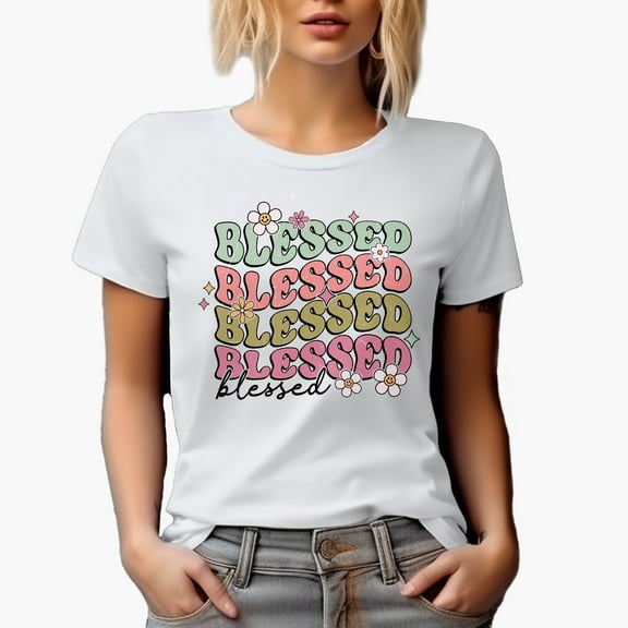 Distressed Blessed - Retro Groovy Wavy Text Art Merch Gift, White T-Shirt, Small