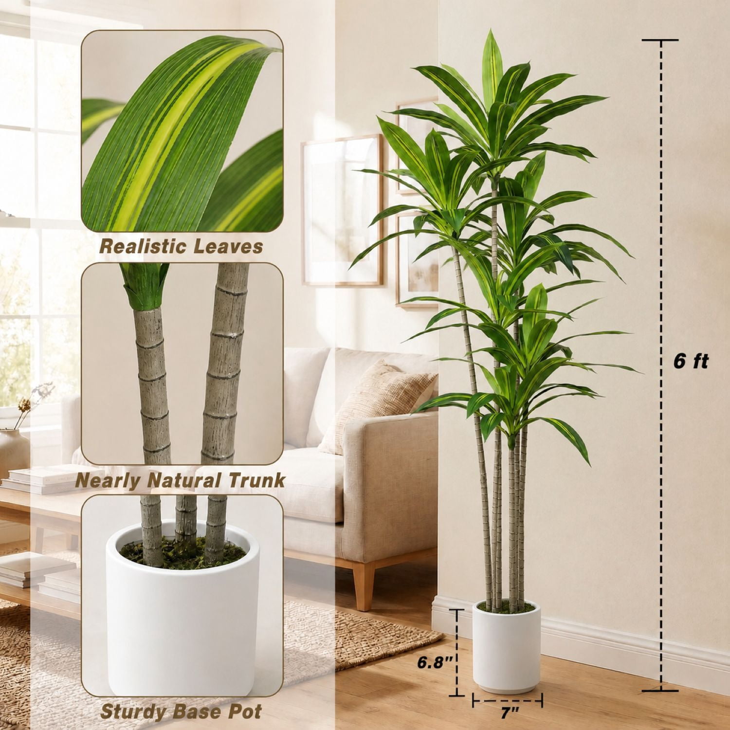 Easy4Home 6FT Artificial Plant Fake Dracaena Tree Potted Indoor Faux Floor Plant for Home Office Decor, White Pot