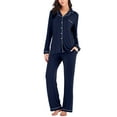 thumbnail image 4 of Women's Two-piece Classic Knit Pajama Set Long Sleeve Button Down Pyjama Navy Blue M, 4 of 4