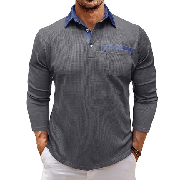 Blusa y camisa de manga larga con cuello vuelto para hombre, estilo casual, con bloques de color, de poliéster y manga larga.