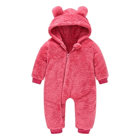 

Kid s Hooded Plush Jumpsuit with Cute Bear Ears Hood Zipper Onesie Pajamas Long Sleeve for Sleeping Daily Solid Color Winter Bodysuit Child s Home Suit Red 100