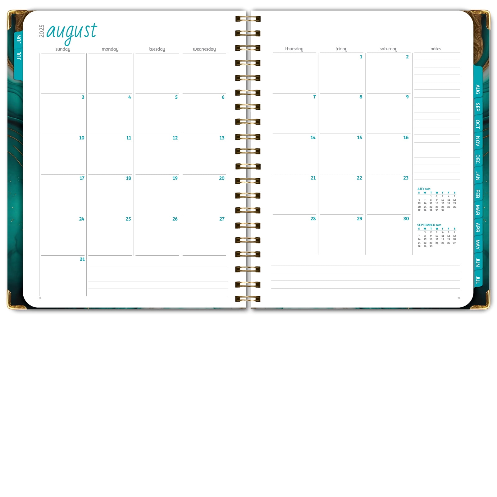 Academic Year 2025-2026 Planner, June 2025 - July 2026, 8.5"x11" Daily Weekly Monthly Planner Yearly Agenda, Hardcover, Bookmark, Pocket Folder and Sticky Note Set (Teal Gold Marble)