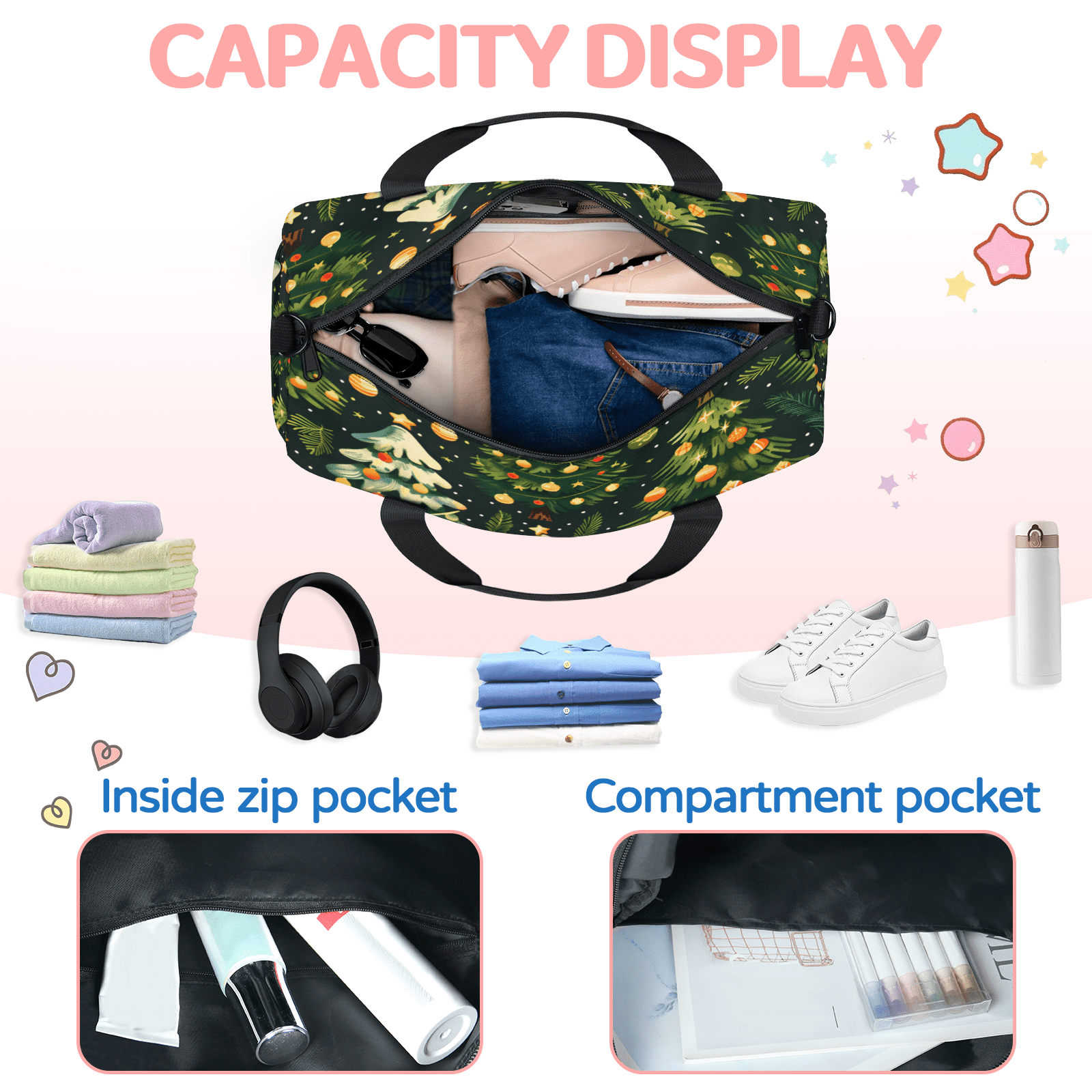 Herdesigns Merry Christmas Travel Duffle Bag Sports Yoga Weekender Overnight Carry on Workout Bags Lightweight Waterproof Gym Tote Bag for Women Christmas Tree